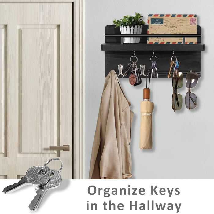 Тримач для ключів на стіну з 5 гачками для ключів, дерев'яна підставка для ключів з полицею настінне кріплення для ключів вішалка