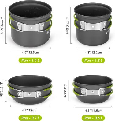 Набір посуду для кемпінгу Odoland, 16 предметів для 2 осіб, посуд для кемпінгового використання з алюмінію та нержавіючої сталі, кемпінгові горщики, чашки, складні столові прибори, міні-пічка для кемпінгового посуду, пікніків та походів.