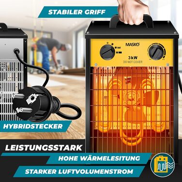 Електричний обігрівач MASKO, вентилятор-обігрівач, будівельний обігрівач, керамічний радіаційний обігрівач, електричний нагрівальний пристрій з термостатом, електричний обігрівач з 3 режимами нагріву, вентилятор-обігрівач для використання всередині та зов