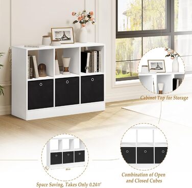 Книжкова полиця WOLTU з 3 шухлядами з нетканого матеріалу, окремостояча полиця з 6 відділеннями, кубічна полиця для спальні, вітальні, кабінету, офісу, біла, 80x60x30 см, SK033ws 6 відділень (30Г x 80Ш x 60В см) Біла