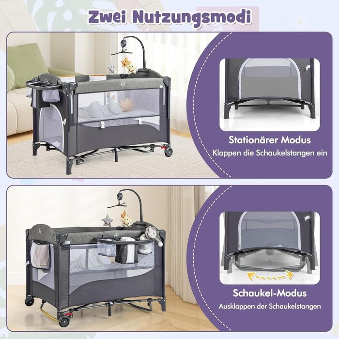 Дитяче ліжечко FANTASK 5-в-1, регульоване по висоті дитяче ліжечко з матрацом та колесами, дорожнє ліжечко з пеленальний столик, підвісні іграшки, музичний мобіль та ремені безпеки, колиска/колиска для малюків (синя)