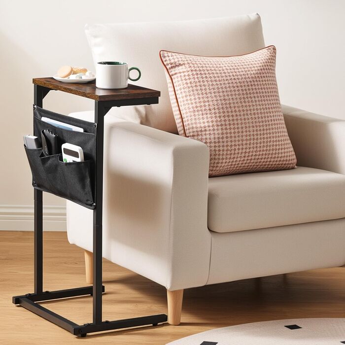 Журнальний столик HOOBRO C-подібної форми, столик до дивана, тумбочка, столик для перекусу, з 4 кишенями з тканини Оксфорд для невеликих приміщень, вітальні, спальні, ванної кімнати, вінтажний коричневий та чорний EBF43SF01