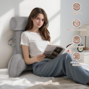 Подушка для спини MINGPINHUIUS, подушка для читання для ліжка та дивана зі знімним валиком для шиї, велика подушка для спини з підлокітником, ідеально підходить як опора для спини для читання, перегляду телевізора, відпочинку, роботи, ігор (сіра)