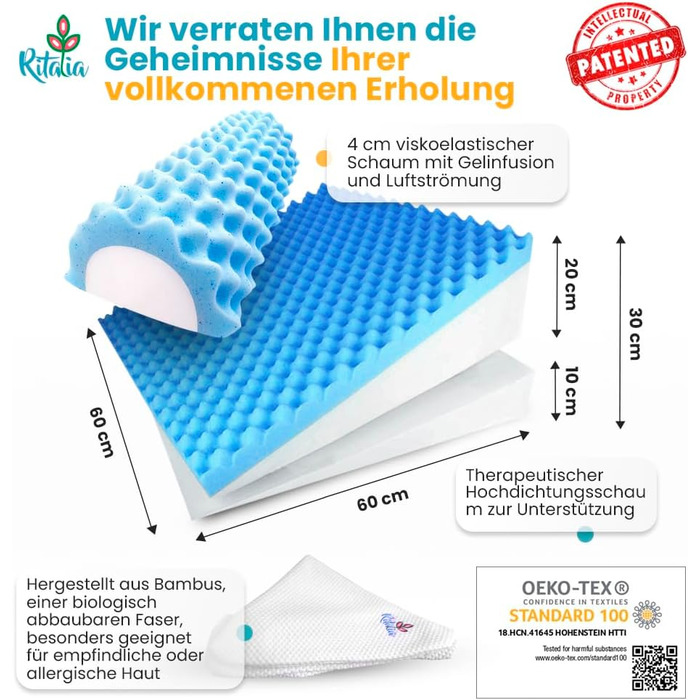 Багатофункціональна клиноподібна подушка Ritalia з валиком для шиї, розмір 60x60x30 см, подушка для спини, опора для колін, підставка для ніг, підставка для ніг, подушка для дивана та софи, подушка для читання, 60x60x30 см, білий