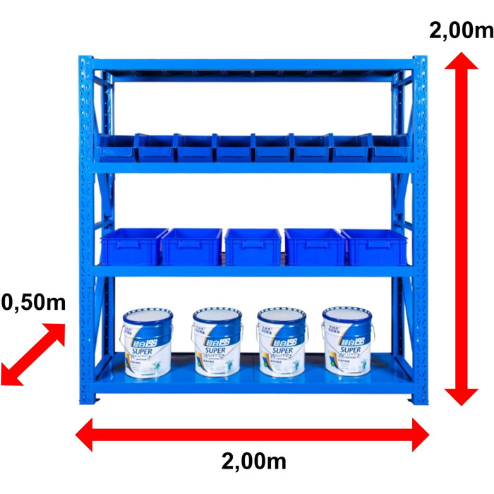 Сталевий надміцний стелаж Area1 200x200x50 см (ВxДxШ) Надійна промислова якість для складів, гаражів або підвалів 200 x 200 x 50 см