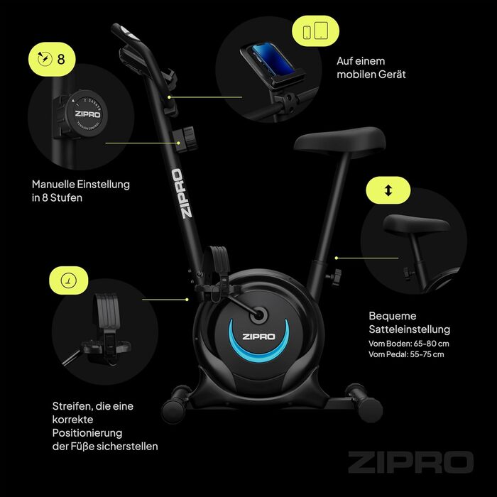 Велотренажер ZIPRO з 8 рівнями магнітного опору, тримачем для смартфона, РК-монітором, регульованим сідлом
