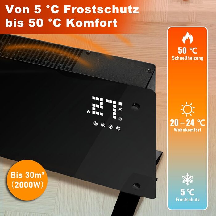 Електричний конвекторний обігрівач Citybee - скляний обігрівач з термостатом, енергозберігаючий, тихий, окремостоячий скляний конвектор - електричний радіатор з пультом дистанційного керування та сенсорним дисплеєм, таймер, 2000 Вт, до 30 м