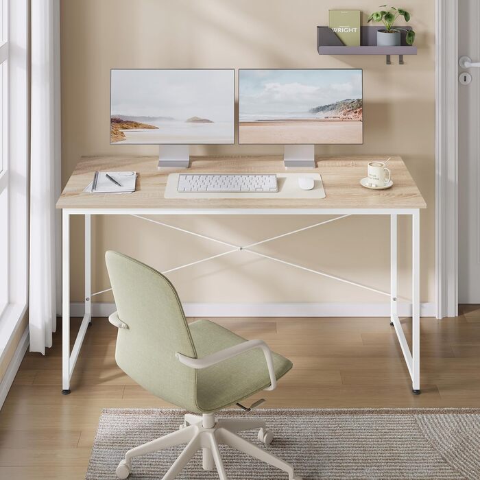 Письмовий стіл, комп&39ютерний стіл 140x60 см, офісний стіл, ПК-стіл, з металевим каркасом, для офісу, домашнього офісу, кабінету, спальні, виготовлений з дерев&39яного матеріалу, світлий дуб 140x60 см, світлий дуб білий