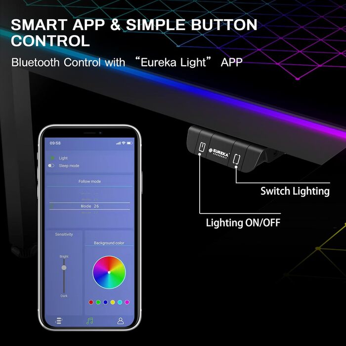 Ергономічний скляний ігровий стіл EUREKA зі світлодіодним підсвічуванням, кутовий ігровий стіл з RGB-підсвіткою 152x102 см, L-подібний великий комп&39ютерний стіл із синхронізацією музики, керуванням застосунками, гачком для навушників та підставкою для ч