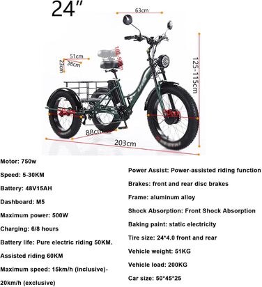 Електричний триколісний велосипед для дорослих (7 швидкостей), 24-дюймовий електротрайк з товстими шинами, великий кошик/регульоване ширше сидіння, круїзерні велосипеди для дорослих з фарою, зелений
