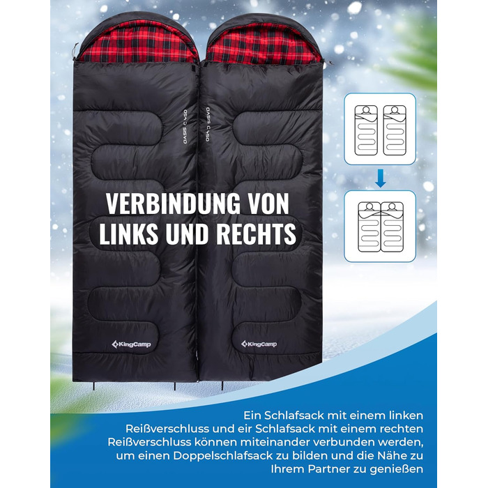 Спальний мішок KingCamp для дорослих, для холодної та теплої погоди, XL, великий та високий фланелевий спальний мішок з компресійним мішком, портативний, водонепроникний, аксесуар для кемпінгу на природі, чорний фланель, 22075 см