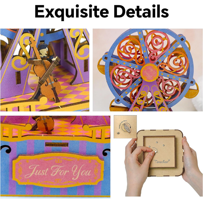 Музична скринька Tonecheer Дерев'яний 3D-пазл, набір моделей для сім'ї котів своїми руками для дорослих, обертова музична шкатулка, дерев'яна головоломка Подарунки для прикраси будинку Подарунок на день народження Різдвяні підлітки (колесо огляду)