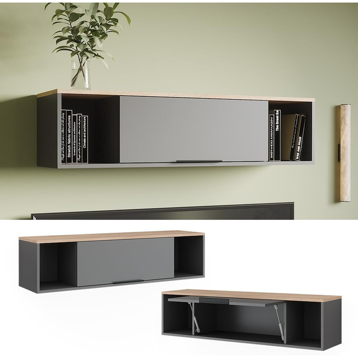 Настінна полиця Vicco Betti, антрацит/сонома, 120 x 30 см, для настінного кріплення, підходить для вітальні або офісу