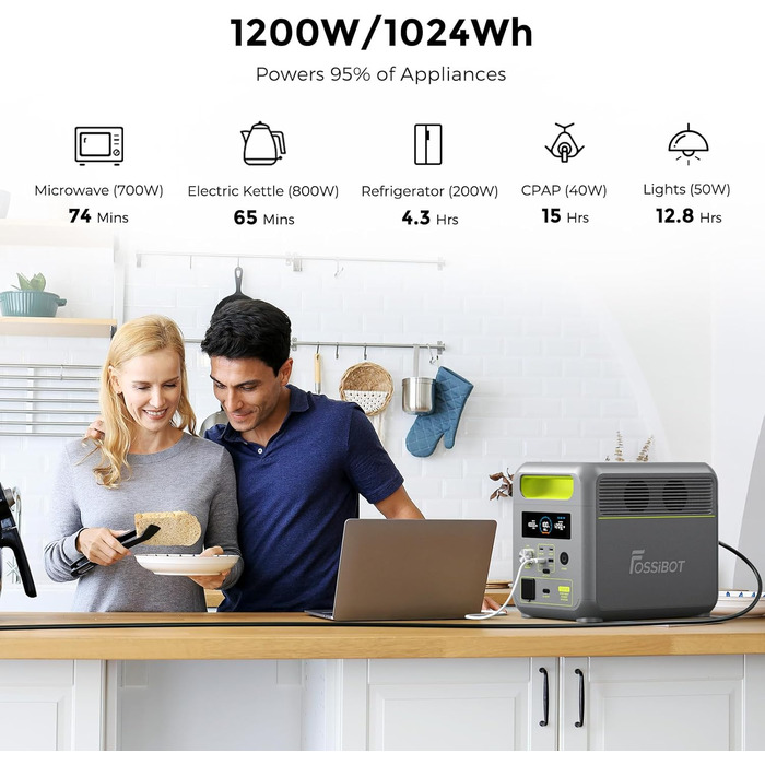 Портативна електростанція FOSSiBOT F1200, сонячний генератор 1024 Втгод LiFePO4, 1200 Вт змінного струму 100 Вт USB-C, ідеально підходить для кемпінгу, автофургона, дому, кемперів, подорожей F1200 GE