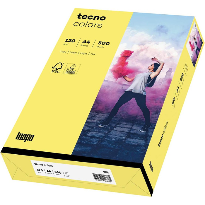 Кольоровий папір для принтера INAPA, кольоровий папір TECNO Кольори 120 г/м, А4, 1 250 аркушів (5x250), середньо жовтий