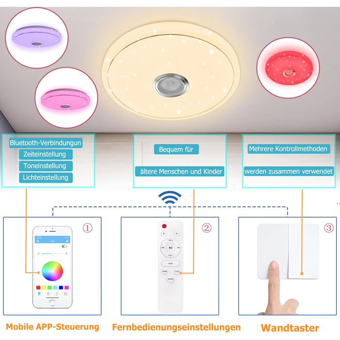 Світлодіодний стельовий світильник ACXIN 48 Вт з можливістю затемнення, стельовий світильник RGB з пультом дистанційного керування динаміком Bluetooth та керуванням APP, відтворення музики для дитячої кімнати, спальні, вітальні Ø40CM