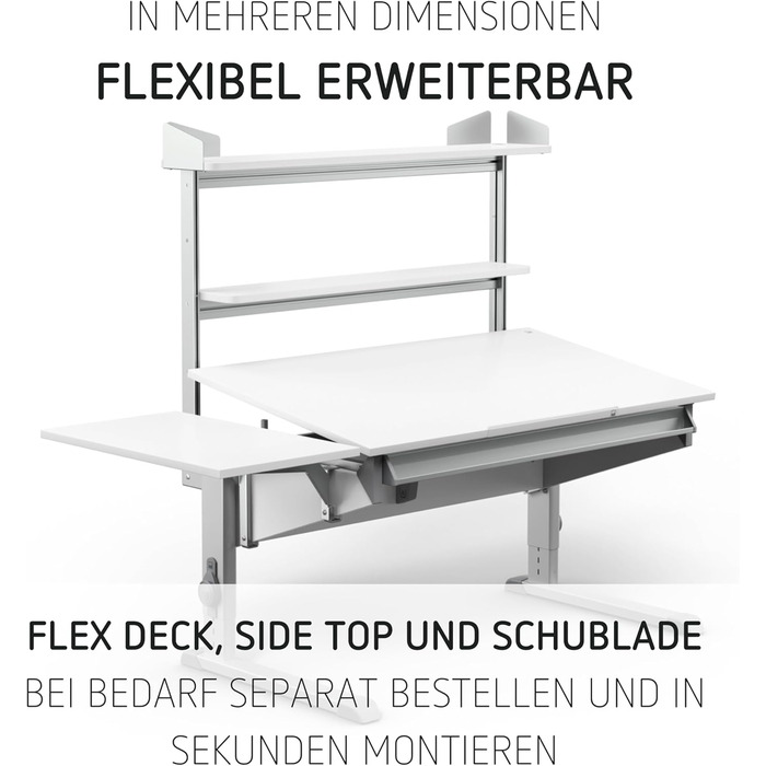 Дитячий письмовий стіл Moll Sprinter, регульований по висоті росте разом з вашою дитиною, ергономічний та нахиляється для вертикального сидіння ідеально підходить для школярів білий письмовий стіл, додаткова шухляда Зроблено в Німеччині Бічна стільниця та