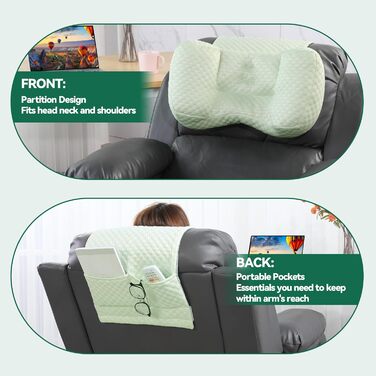 Подушка для шиї MABOZOO для крісел-реклайнерів з кишенею, подушка для підголівника для полегшення болю в шиї та підтримки шийного відділу хребта, подушка для голови-реклайнера для тих, хто спить на боці вдома, в офісі або під час подорожей, світло-зелена