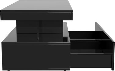 Глянцевий журнальний столик зі світлодіодним освітленням, сучасний журнальний столик для вітальні, чорний журнальний столик з відкритою полицею та 2 шухлядами, прямокутний журнальний столик для вітальні, 104x53x46 см