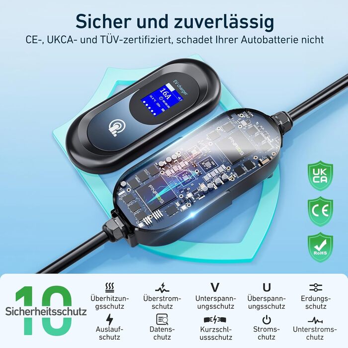 Зарядний кабель FNRIDS для електромобіля тип 2 Schuko, 10м 3,68кВт, зарядний кабель тип 2 Schuko з підставкою, регульований електр