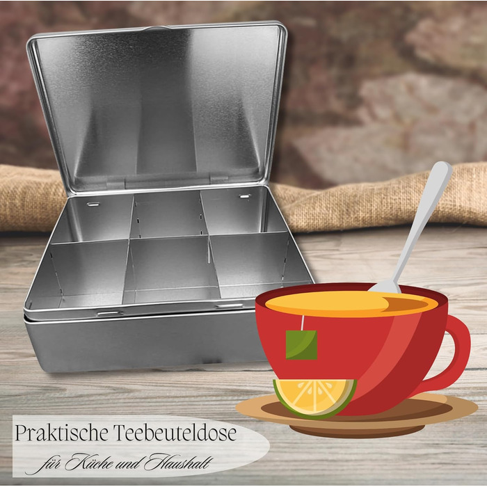 Чайний пакетик на 6 секцій - Плоска коробка для чайних пакетиків з кришкою відкидною - Порожня з 6 відділеннями - Зберігання чаю, чайна ємність, коробка для чайних пакетиків - Розміри (Д x Ш x В) 20,3 x 15,7 x 6,8 см