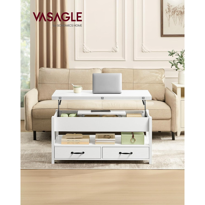 Журнальний столик VASAGLE, стіл для вітальні з регульованою висотою, газовий балон, 2 шухляди та 3 відділення під стільницею, журнальний столик, 1 відкрите відділення, для вітальні, домашнього офісу, білосніжний LCT254W02