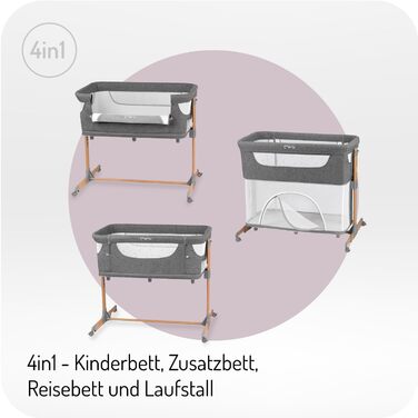 Дитяче ліжечко Momi SMART Bed 4-в-1 до 15 кг, приліжкове ліжечко для немовлят з матрацом, регульована висота, сірого кольору, одномісне