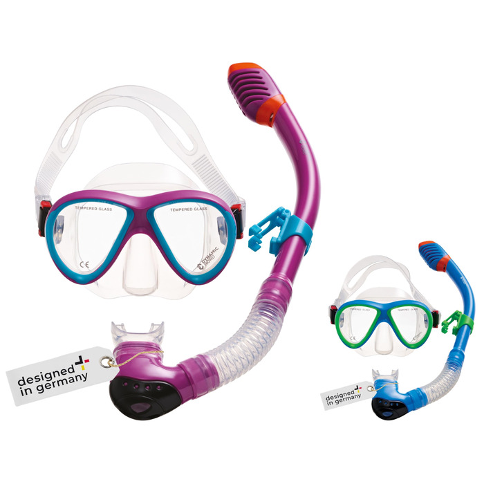 Набір для підводного плавання La Gomera Pro Jr. для дітей Розроблено в Німеччині Професійний силіконовий 2-елементний дитячий дайвінг-набір (маска для підводного плавання, трубка та сітчаста сумка) з сухою трубкою та захисною лінзою рожевого/блакитного ко