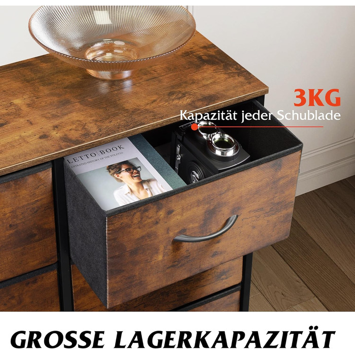 Комод WLIVE з 6 тканинними шухлядами, комод для спальні, комод для вітальні, з міцним сталевим каркасом, дерев&39яна стільниця, вінтажний коричнево-чорний