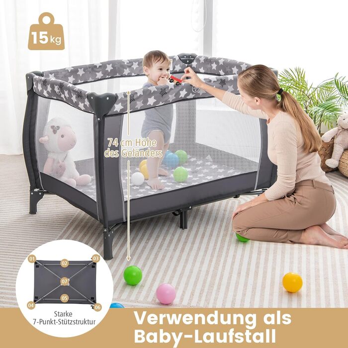 Складане дитяче ліжечко COSTWAY 3 в 1, 2-рівневе дорожнє ліжечко зі складним матрацом, пеленальний килимок, музичний мобіль, ігрова арка та сумка для перенесення, бічний ліжечко з колесами для дитини до 3 років (темно-сірий)