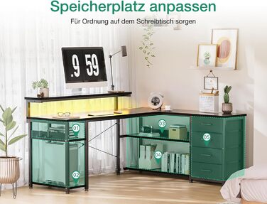 Письмовий стіл ODK з шухлядами, 135110 см, двосторонній кутовий стіл з 2 розетками та 2 портами USB для зарядки, L-подібний офісний стіл зі світлодіодним освітленням для домашнього офісу, чорний 135110 см