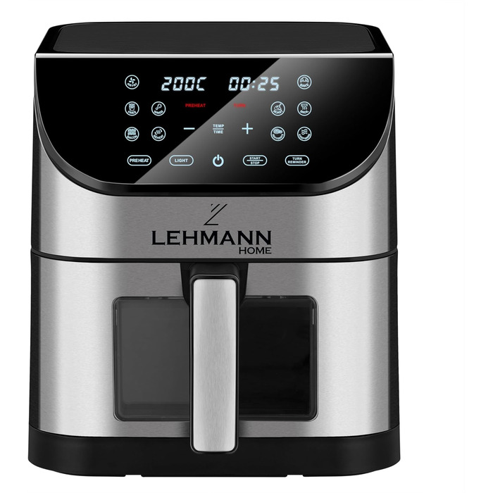 Фритюрниця Lehmann XXL з кошиком 8 л і оглядовим вікном, фритюрниця без олії з підсвічуванням, 1800 Вт, регулювання температури до 200C, фритюрниця з 10 програмами, таймером і сенсорним дисплеєм