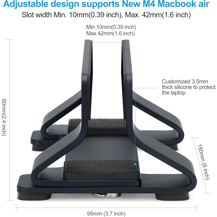 Підставка для ноутбука вертикальна алюмінієва, док-станція, покращена підтримка, регульована ширина слоту 1030 мм, сумісна з усіма моделями MacBook та ноутбуками, версія 2023, 1 слот, колір Нічний чорний