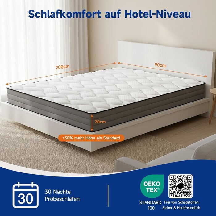 Матрац HAUSPROFI з 7-зонними пружинами Pocket Spring 90x200 см H3 Ортопедичний гібридний матрац з 1000 пружинами та піною з ефектом пам&39яті Сертифікований Oeko-TEX, повітропроникний та точково-еластичний 30-денний пробний період Висота 20 см H3 90 x 200