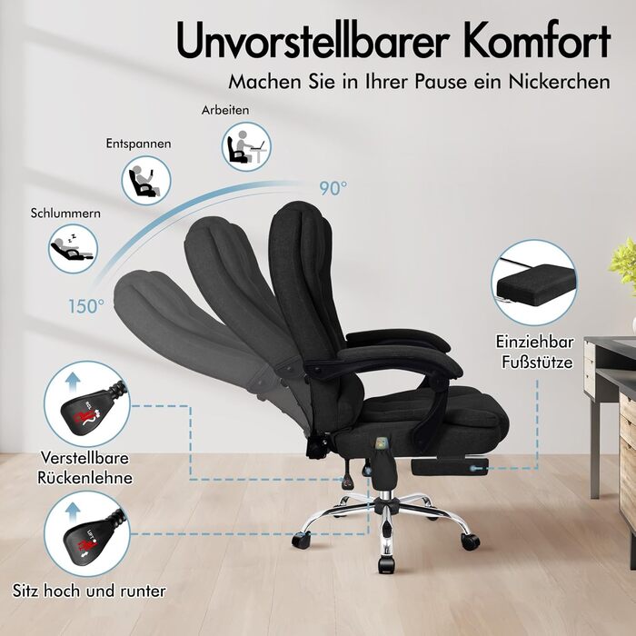 Офісне крісло ALFORDSON з функцією масажу, ергономічний дизайн з великою подушкою сидіння, поперекова підтримка, коліщатка для плавного пересування в офісі, чорний колір, лляна тканина Elias - чорний (льон) серія Elias