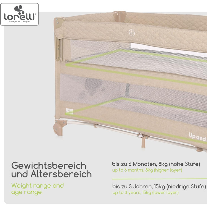 Дитяче ліжечко Lorelli 3-в-1, приліжкове ліжечко та манеж, що розкладається вгору та вниз, 2-рівневе дитяче ліжко з боковим входом та складною бічною панеллю, дитяче дорожнє ліжечко, бежево-коричневий колір