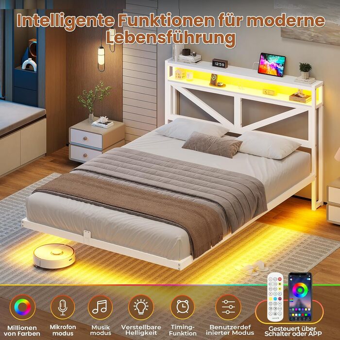 Плаваючий каркас ліжка 140x200 зі світлодіодним освітленням та зарядною станцією, Плаваючий каркас ліжка з узголів&39ям для зберігання, Металеве ліжко з металевою рейковою основою, Гостьове ліжко, Двоспальне ліжко, Дитяче ліжко - без матраца, 140 x 200 см