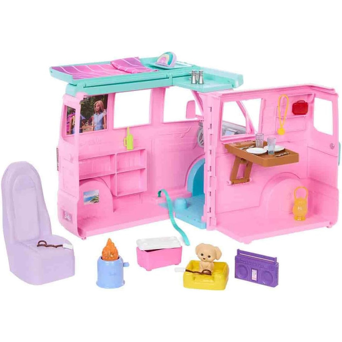 Ігровий набір Barbie Dreamland Road Adventure кемпер з 4 ігровими зонами, кухнею, ліжком, багаттям, собакою та 20 аксесуарами, JMK45