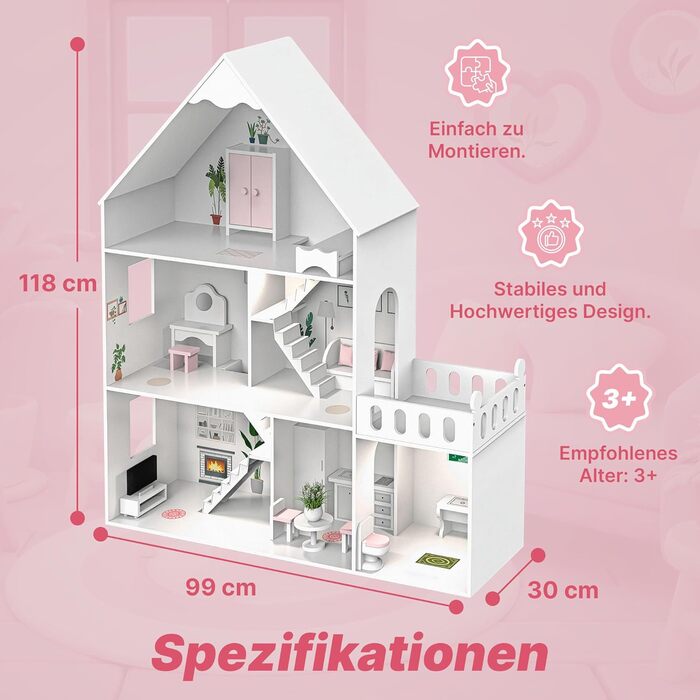 Дерев&39яний ляльковий будиночок Барбі, великий 118 см Kinderplay 3-поверховий ляльковий будиночок для дітей з меблями, світлодіодними лампами, наклейками та аксесуарами сучасний дерев&39яний ігровий будиночок, подарунок для дітей віком від 3 років, білий