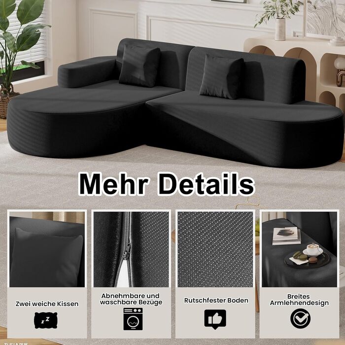 Кутовий диван AVAWING, кутовий диван з чистого пінопласту, без необхідності встановлення, L-подібний диван для вітальні, чорний з підлокітником ліворуч