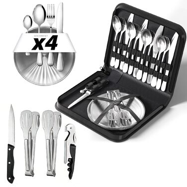 Набір посуду для кемпінгу на 4 особи, столові прибори з нержавіючої сталі (виделки, ножі та ложки), з чохлом для зберігання, портативний набір для пікніків, барбекю та відпочинку на природі