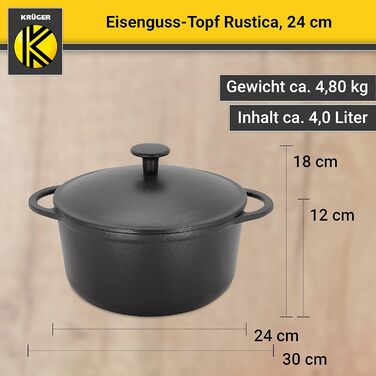 Чавунна каструля Krger з кришкою - емальована - чорна матова зовні і всередині - висока термостійкість і дуже добре утримує тепло