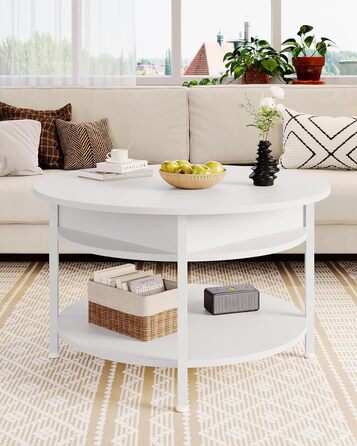 Круглий журнальний столик з підйомною стільницею, журнальний столик з регульованою висотою, бічний столик, стіл для вітальні з прихованим місцем для зберігання, відкритий відсік, металевий каркас, для вітальні, офісу, 70 x 70 x 50 см, білий.