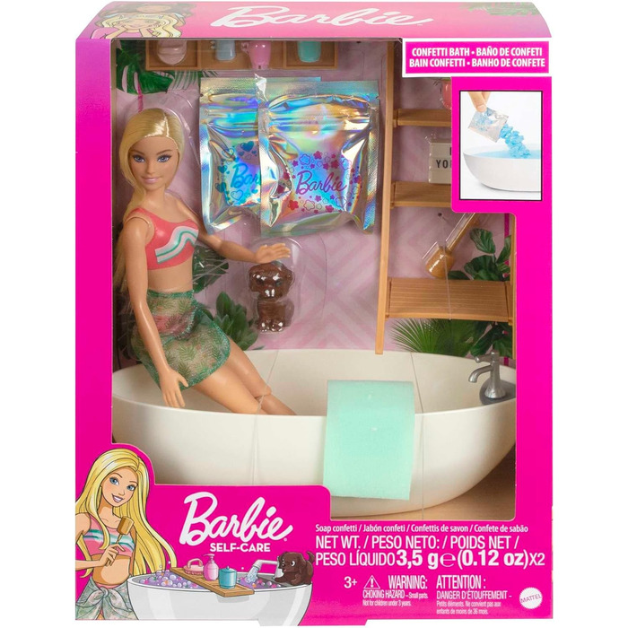 Серія Barbie Self-Care, ванна з конфетті, лялька Barbie зі світлим волоссям, купальник, цуценя, 2 набори мила Confetti, аксесуари