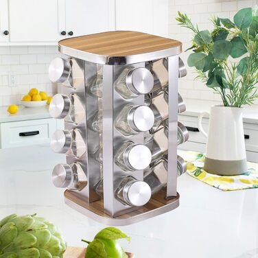 Обертова на 360 підставка для спецій з нержавіючої сталі з 16 баночками для спецій карусельний органайзер для спецій для кухні, дерев&39яна та скляна підставка для спецій, поворотний стіл компактна, стійка до іржі, без бісфенолу А, срібляста