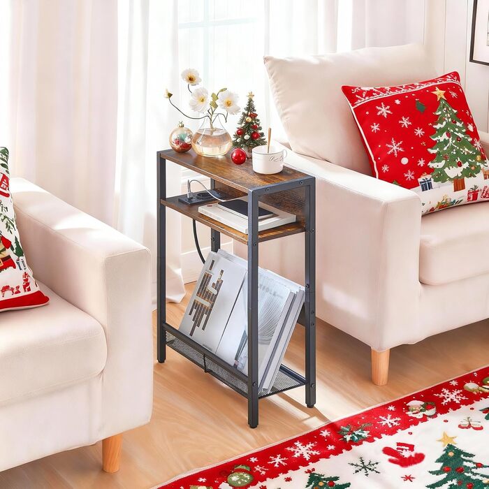 Вузький приставний столик, столик біля дивана із зарядною станцією, тумбочка з 2 дерев&39яними композитними панелями та 1 металевою полицею, для невеликих приміщень, вітальня, вінтажний коричневий та чорний DTBZ05CBF Вінтажний коричневий, чорний