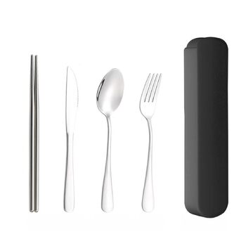Універсальний набір столових приборів для подорожей та кемпінгу з 5 предметів, портативний посуд, палички для їжі з нержавіючої сталі, ложка, виделка, ніж для стейку з футляром для зберігання (чорний)