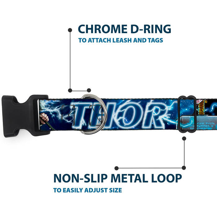 Нашийник для собак, пластиковий, Месники, Тор, Молот, в динамічній позі, Галактика, Синій, Білий, ширина 33-45,7 см, 1.5 см - підходить для обхвату шиї 33-46 см, розмір S