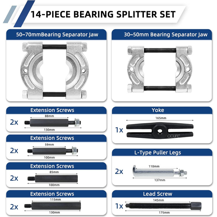 Набір знімачів підшипників Ніж сепаратора для знімача кулькових підшипників Знімач полюсів Знімач коліс Сепаратор 30-70 мм, 14 шт.