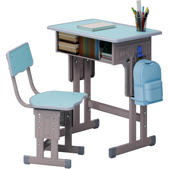 Дитячий комплект столу та стільця, регульований по висоті, для школи та університету, комплект столу та стільця з шухлядою для зберігання речей, ергономічний комплект стільців для роботи з гачком для рюкзака, підходить для дітей від